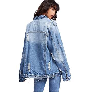 Floerns Women's Ripped Distressed Casual Long Sleeve Denim Jacket Blue XS