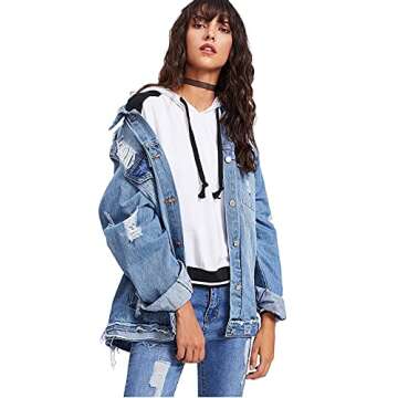Floerns Women's Ripped Distressed Casual Long Sleeve Denim Jacket Blue XS