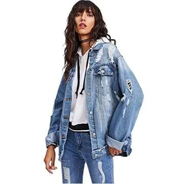 Floerns Women's Ripped Distressed Casual Long Sleeve Denim Jacket Blue XS
