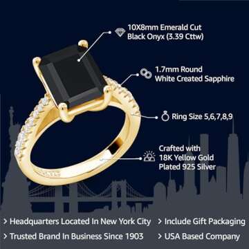 Gem Stone King 18K Yellow Gold Plated Silver Black Onyx and White Created Sapphire Ring For Women (3...