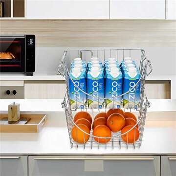 SANNO Stackable Baskets Organizer Bin Stacking Wire Baskets for Home Kitchen Storage, Hanging Garage Tool Organizer, Office and Bathroom Shelves, Large Fruit Basket,set of 2