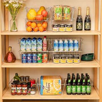 SANNO Stackable Baskets Organizer Bin Stacking Wire Baskets for Home Kitchen Storage, Hanging Garage Tool Organizer, Office and Bathroom Shelves, Large Fruit Basket,set of 2