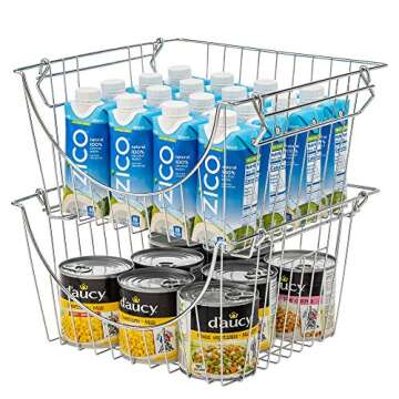 SANNO Stackable Baskets Organizer Bin Stacking Wire Baskets for Home Kitchen Storage, Hanging Garage Tool Organizer, Office and Bathroom Shelves, Large Fruit Basket,set of 2