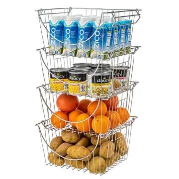 SANNO Stackable Baskets Organizer Bin Stacking Wire Baskets for Home Kitchen Storage, Hanging Garage Tool Organizer, Office and Bathroom Shelves, Large Fruit Basket,set of 2