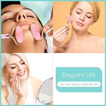 Gimore Jade Roller For Face 100% Natural Rose Quartz Anti Aging Facial Rolling SPA Gua Sha Massage Tools Face Eye Neck Beauty Roller For Rejuvenate Skin & Remove Wrinkles (Rose Quartz 2 in 1)