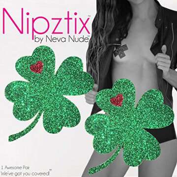Neva Nude Kiss Me I'm Irish Green Glitter Nipztix Pasties Nipple Covers for Festivals, Raves, Parties, Lingerie and More, Medical Grade Adhesive, Waterproof and Sweatproof, Made in USA