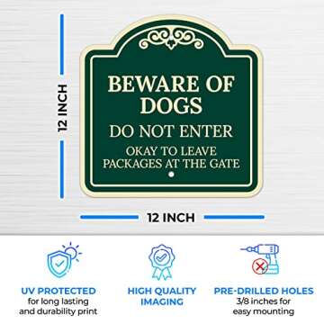Beware of Dog Do Not Enter Okay to Leave Packages at The Gate Décor Sign, Green Dark, 12x12 Inches,...
