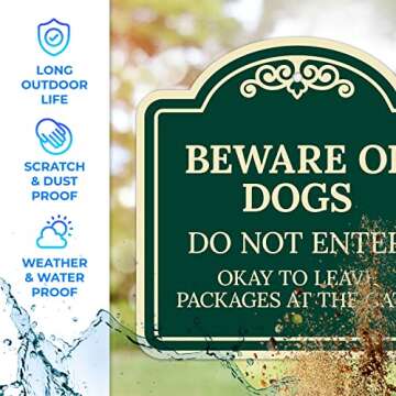 Beware of Dog Do Not Enter Okay to Leave Packages at The Gate Décor Sign, Green Dark, 12x12 Inches, ACM, Fade Resistant, Made in USA by Sigo Signs