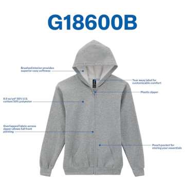 Gildan Youth Full Zip Hoodie Sweatshirt - Comfortable & Durable