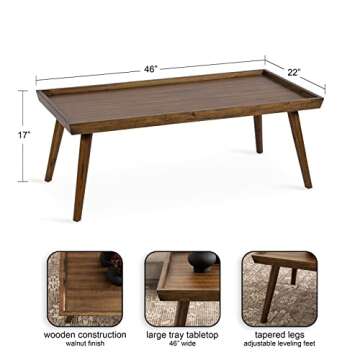Kate and Laurel Eastmont Rectangle Wood Coffee Table, 46 x 22 x 17, Walnut Brown, Large Mid-Century Wooden Living Room Table with Stylish Tapered Legs and Adjustable Feet