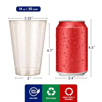JOLLY CHEF 14 oz 50 Pack Gold Plastic Cups, Disposable Gold Glitter Plastic Cups Tumblers, Ideal for Wedding Halloween, Thanksgiving, Christmas Parties