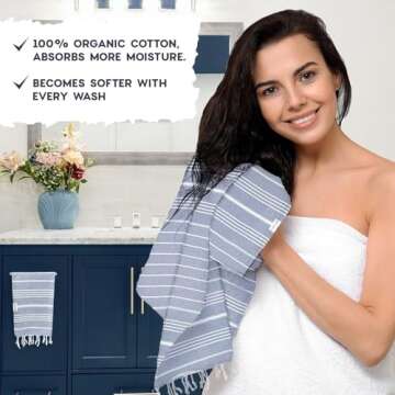 mioeco Organic Cotton Turkish Hand Towel - 20" x 38" Large Classic Luxury Set of 2 - Decorative Hand Towels for Bathroom, Kitchen & Home - Super Absorbent & Quick Drying - Prewashed