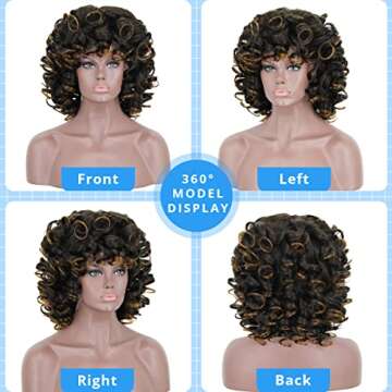 KEAT Wigs for Black Women 14" Short Curly Kinky Wig with Bangs Mixed Brown Big Curly Afro Wigs for A...