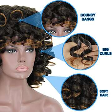 KEAT Wigs for Black Women 14" Short Curly Kinky Wig with Bangs Mixed Brown Big Curly Afro Wigs for African American Cute Natural Synthtic Soft Wigs for Daily Party K016BB