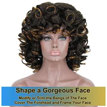 KEAT Wigs for Black Women 14" Short Curly Kinky Wig with Bangs Mixed Brown Big Curly Afro Wigs for African American Cute Natural Synthtic Soft Wigs for Daily Party K016BB