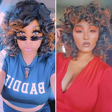KEAT Wigs for Black Women 14" Short Curly Kinky Wig with Bangs Mixed Brown Big Curly Afro Wigs for African American Cute Natural Synthtic Soft Wigs for Daily Party K016BB