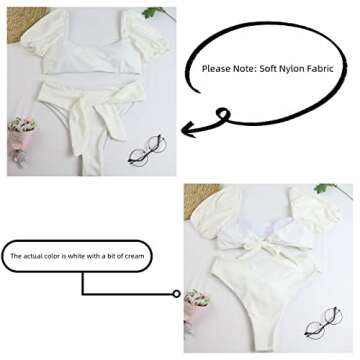 Women's High Waisted Bandeau Bikini Set,Fashion Puff Sleeve Swimwear Set Two Piece Swimsuit Sexy Beach Bathing Suits(White, S)