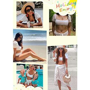 Women's High Waisted Bandeau Bikini Set,Fashion Puff Sleeve Swimwear Set Two Piece Swimsuit Sexy Beach Bathing Suits(White, S)