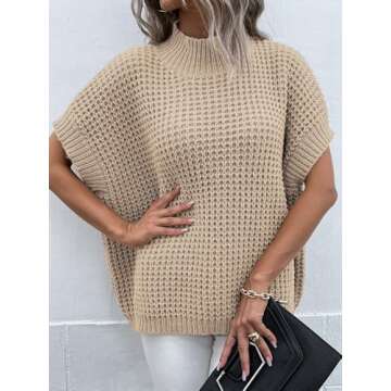 Pink Queen Women's Baggy Sweater Vest Casual Mock Neck Sleeveless Ribbed Oversized Knit Jumper Tops Apricot L