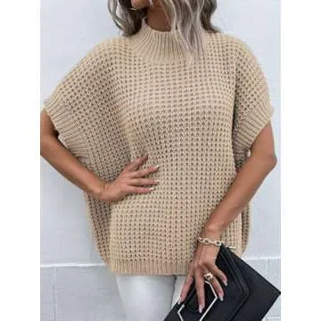 Pink Queen Women's Baggy Sweater Vest Casual Mock Neck Sleeveless Ribbed Oversized Knit Jumper Tops Apricot L
