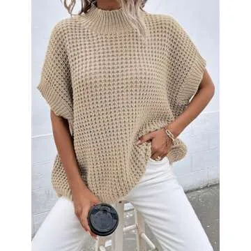 Pink Queen Women's Baggy Sweater Vest Casual Mock Neck Sleeveless Ribbed Oversized Knit Jumper Tops Apricot L