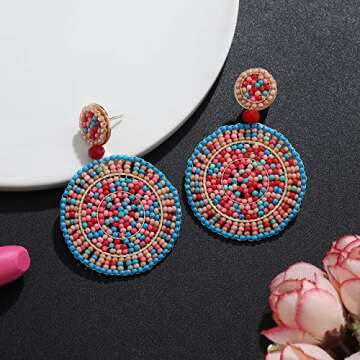 CEALXHENY Beaded Drop Earrings for Women Handmade Colorful Bead Earrings Bohemia Hoop Dangle Earring for Women (C Multicolor)