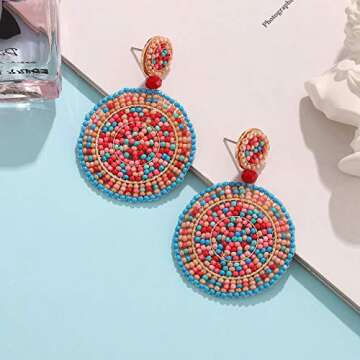 CEALXHENY Beaded Drop Earrings for Women Handmade Colorful Bead Earrings Bohemia Hoop Dangle Earring for Women (C Multicolor)