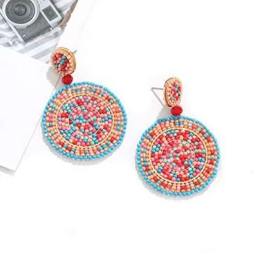 CEALXHENY Beaded Drop Earrings for Women Handmade Colorful Bead Earrings Bohemia Hoop Dangle Earring for Women (C Multicolor)