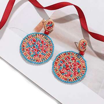 CEALXHENY Beaded Drop Earrings for Women Handmade Colorful Bead Earrings Bohemia Hoop Dangle Earring for Women (C Multicolor)