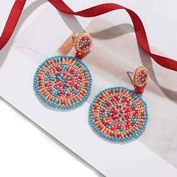 CEALXHENY Beaded Drop Earrings for Women Handmade Colorful Bead Earrings Bohemia Hoop Dangle Earring for Women (C Multicolor)
