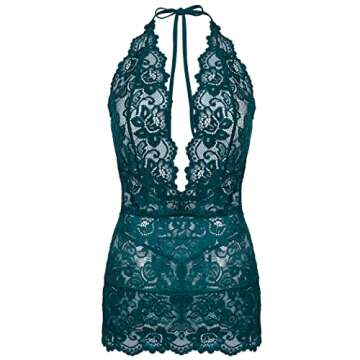 Gladiolus Womens Lingerie Lace Babydoll Sexy Deep V Halter One Piece Lingerie Dress Blue XL