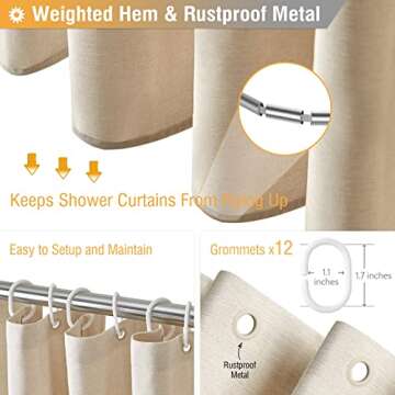 BTTN Extra Long Fabric Shower Curtain, 84 Inch Linen Textured Heavy Duty Cloth Shower Curtain Set with 12 Plastic Hooks, Large Hotel Luxury Polyester Shower Curtains for Bathroom(72"x84", Beige/Cream)