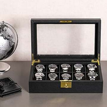 ROTHWELL 10 Slot Leather Watch Box - Luxury Watch Case Display Jewelry Organizer - Locking Watch Display Case Holder with Large Glass Top - Watch Box Organizer for Men and Women