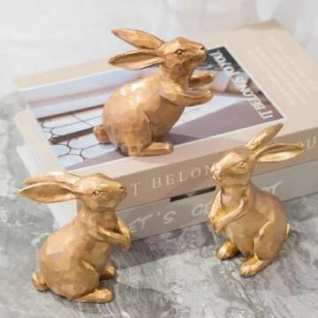 NEROSUN Resin Vintage Gold Bunny Decor Rabbit Figurines, Small Easter Bunny Figurine Set of 3, Vintage Easter Rabbit Statue Table for Home Decoration
