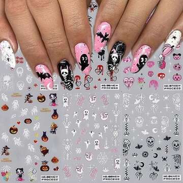 Halloween Nail Art Stickers 3D Self-Adhesive Nail Decals Halloween Skeletons Ghosts and Pink Pumpkin...