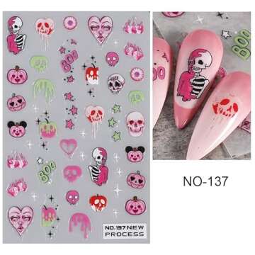 Halloween Nail Art Stickers 3D Self-Adhesive Nail Decals Halloween Skeletons Ghosts and Pink Pumpkin Design Tips Nail Art Spider Web Supplies Nail Art Design Decoration Accessories for Women.