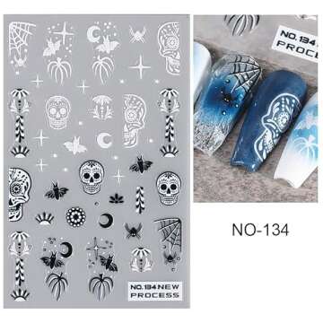 Halloween Nail Art Stickers 3D Self-Adhesive Nail Decals Halloween Skeletons Ghosts and Pink Pumpkin Design Tips Nail Art Spider Web Supplies Nail Art Design Decoration Accessories for Women.