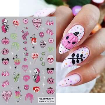 Halloween Nail Art Stickers 3D Self-Adhesive Nail Decals Halloween Skeletons Ghosts and Pink Pumpkin Design Tips Nail Art Spider Web Supplies Nail Art Design Decoration Accessories for Women.