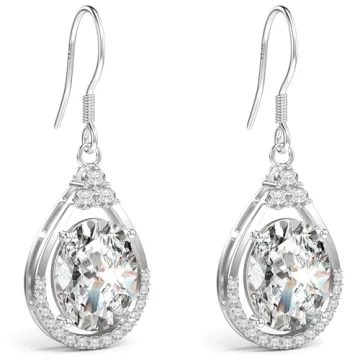 18K White Gold Plated Sterling Silver Oval Cut Cubic Zirconia Drop Dangle Earrings for Women Hypoall...