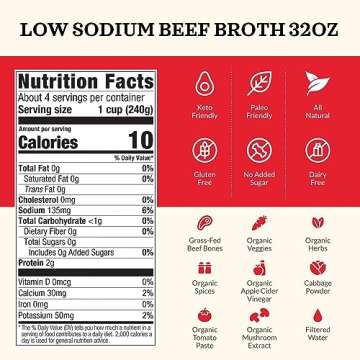 Low Sodium Beef Broth - Pack of 4 - Organic Cooking Stock, Real Bones Not Powder,Grass Fed, Protein, Keto, Paleo, GF, Whole 30 Diet Friendly, Natural Soup Base, 32 oz Liquid Cases