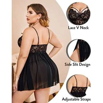 Avidlove Womens Plus Size Lingerie Lace Babydoll Strap Chemise Nightwear V Neck Sleepwear Side Slit ...