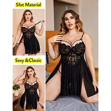 Avidlove Womens Plus Size Lingerie Lace Babydoll Strap Chemise Nightwear V Neck Sleepwear Side Slit Nighties Black