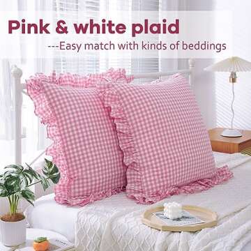 K MASANIJI 2 Pack Pink Plaid Ruffle Euro Pillow Shams 26x26 inches, Washed Cotton Pink and White Che...