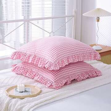 K MASANIJI 2 Pack Pink Plaid Ruffle Euro Pillow Shams 26x26 inches, Washed Cotton Pink and White Checkered Farmhouse Shabby and Chic Pillow Covers for Bed/Sofa (26x26 inches, Pink/White Plaid)