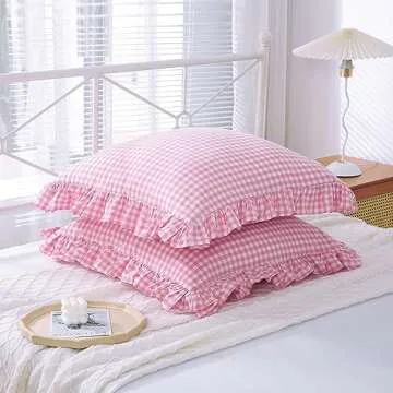 K MASANIJI 2 Pack Pink Plaid Ruffle Euro Pillow Shams 26x26 inches, Washed Cotton Pink and White Checkered Farmhouse Shabby and Chic Pillow Covers for Bed/Sofa (26x26 inches, Pink/White Plaid)