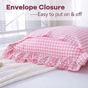 K MASANIJI 2 Pack Pink Plaid Ruffle Euro Pillow Shams 26x26 inches, Washed Cotton Pink and White Checkered Farmhouse Shabby and Chic Pillow Covers for Bed/Sofa (26x26 inches, Pink/White Plaid)