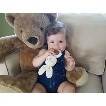 Natural Wooden Baby Toys Cotton Crochet Bunny Teething Ring Teether Rattle Set of 2 Newborn Unisex Baby (Grey Mama White Baby)