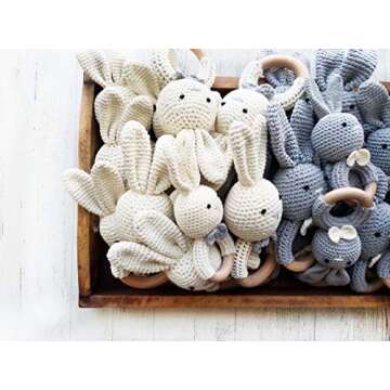 Natural Wooden Baby Toys Cotton Crochet Bunny Teething Ring Teether Rattle Set of 2 Newborn Unisex Baby (Grey Mama White Baby)