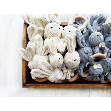 Natural Wooden Baby Toys Cotton Crochet Bunny Teething Ring Teether Rattle Set of 2 Newborn Unisex Baby (Grey Mama White Baby)