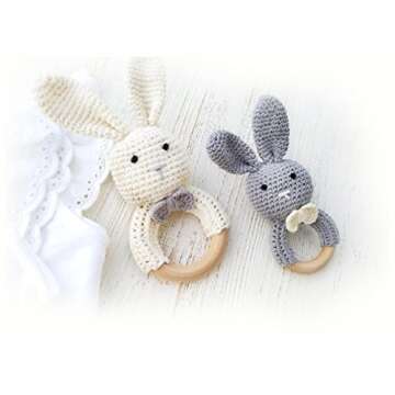 Natural Wooden Baby Toys Cotton Crochet Bunny Teething Ring Teether Rattle Set of 2 Newborn Unisex Baby (Grey Mama White Baby)